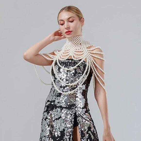 𝅺WHITE Pearl Body Chain Sexy Bra Fashion Shoulder Necklaces Harness Jewelry Sexy - Picture 5 of 7